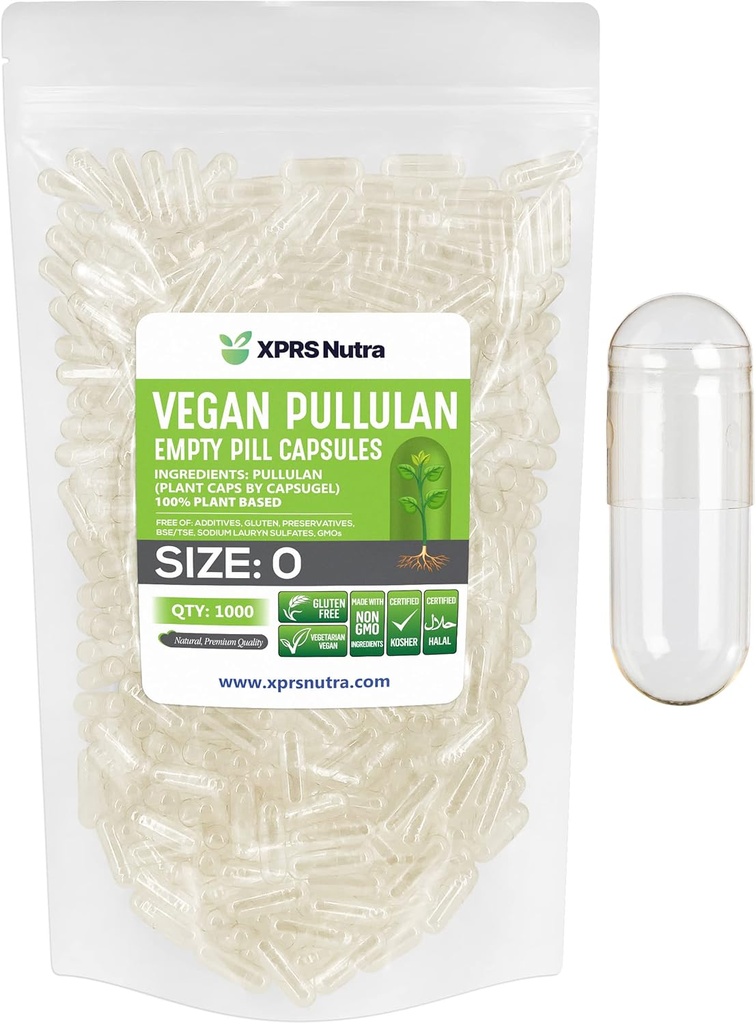 XPRS Nutra Taille 0 Pullulan Capsules vides - 1000 Count Clean Label Plantcaps Effacer Capsules vides végétaliens - Pilules végétariennes Premium - Bricolage Capsule végétale remplissage pour Do-It-Youlf Suppléments