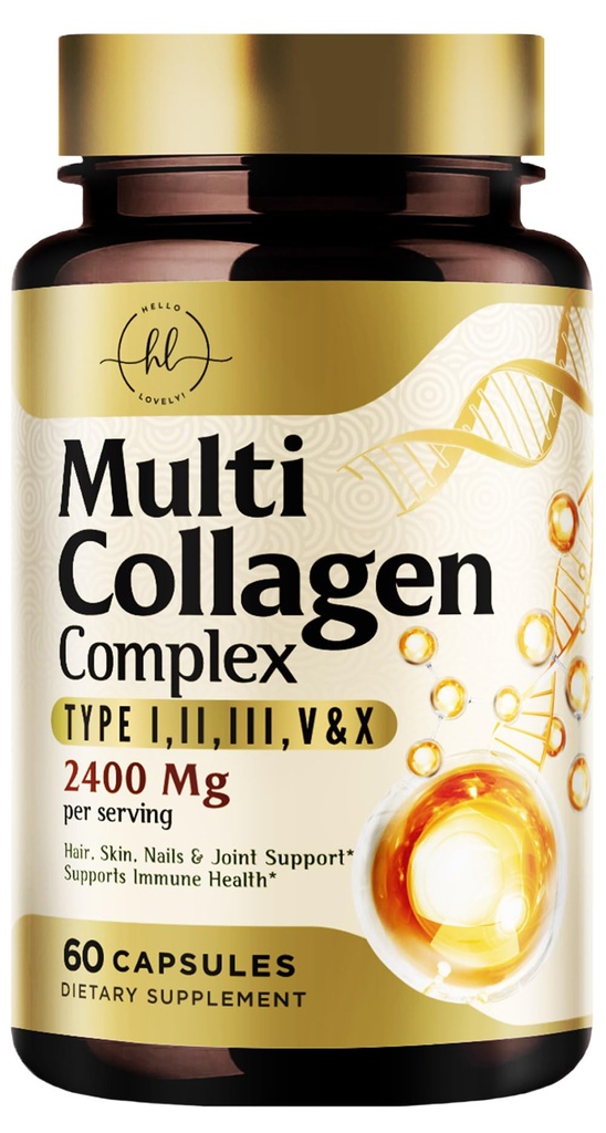 Multi Collagène Peptides 2400mg pour les femmes – Meilleur complexe de collagène hydrolysé avec 5 types (I, II, III, V, X) - Herbe Fed - Cheveux, peau, ongles, os et soutien articulaire pour la beauté et le bien-être – 60 Capsules