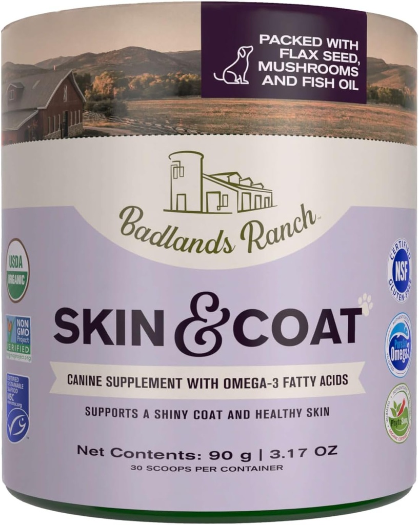 Badlands Ranch - Skin & Coat Canine Supplement w/Omega-3 Acides gras, Org. Ingrédients, Topper antioxydant, Coat & Paws Nourish, Joint, Support Manteau brillant et peau saine par Katherine Heigl (30 Scoops)