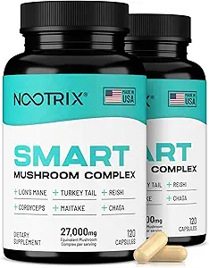 Nootrix Smart Mushrooms Complex Supplement Supporte Mémoire, Focus Mental, Santé Cognitive & Energie , 27,000mg Mushrooms organiques , Lions Mane, Reishi, Cordyceps, Chaga & Turkey Tail , 240 Capsules