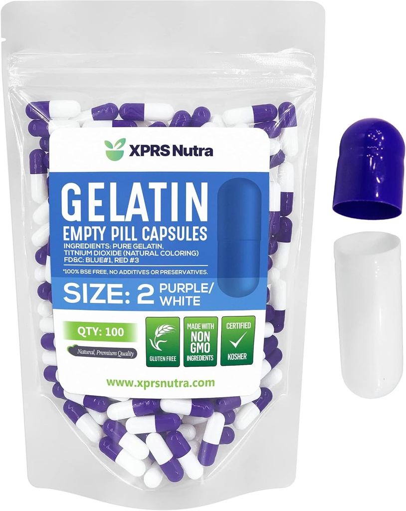 XPRS Nutra Taille 2 Capsules vides - 100 Compte Capsules de gélatine vides - Pills Bricolage Capsule Remplissage - Pure Pilule de Pilule pour Do-It-Youlf Suppléments (Purple/White)