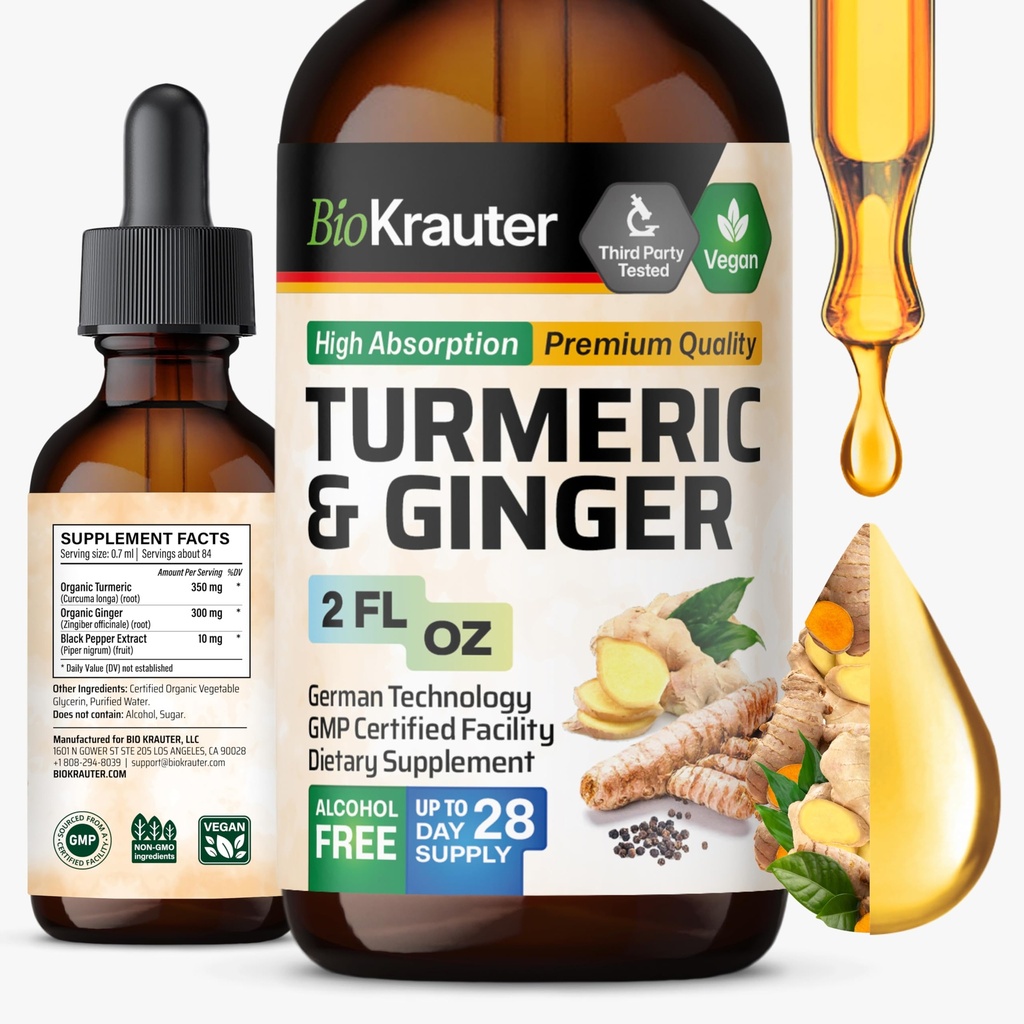 BIO KRAUTER Turmeric et supplément de gingembre Teinture - Turmeric Curcumin Immune Soutien gouttes - Extrait de gingembre avec poivre noir - Vegan Formula - 2 Fl.Oz.