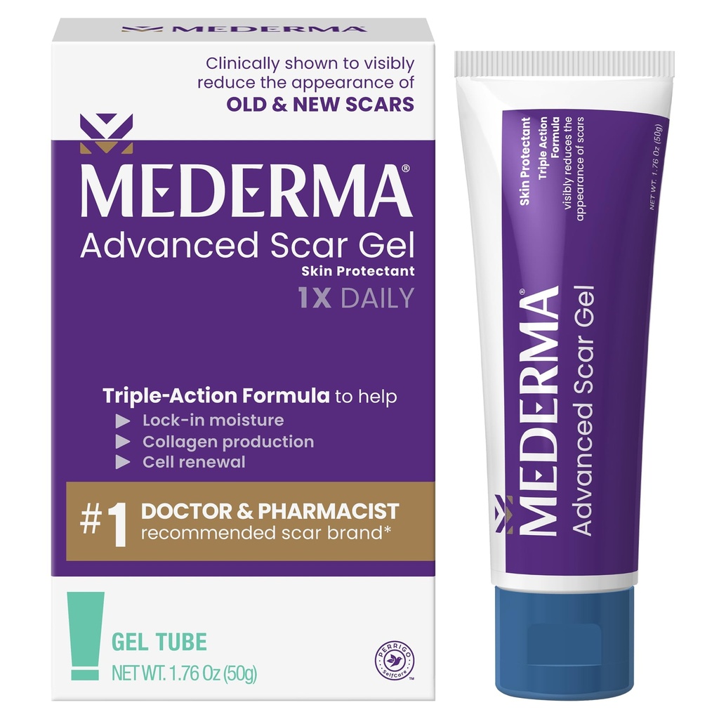 Gel de cicatrice avancé Mederma - traite les cicatrices anciennes et nouvelles, réduit l'apparence des cicatrices de l'acné, chirurgie, brûlures, blessures et marques stretch, 1,76 Oz (50g)
