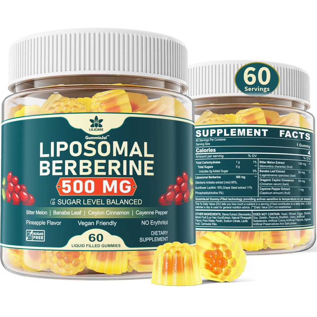 LILICARE Supplément Berberine 500mg, une fois par jour, Gommies liposomiques avec cannelle Ceylan, Melon amère, Banaba Feuille pour métabolisme équilibré, activateur AMPK, haute absorption, sans sucre, végétalien, 60 Cts