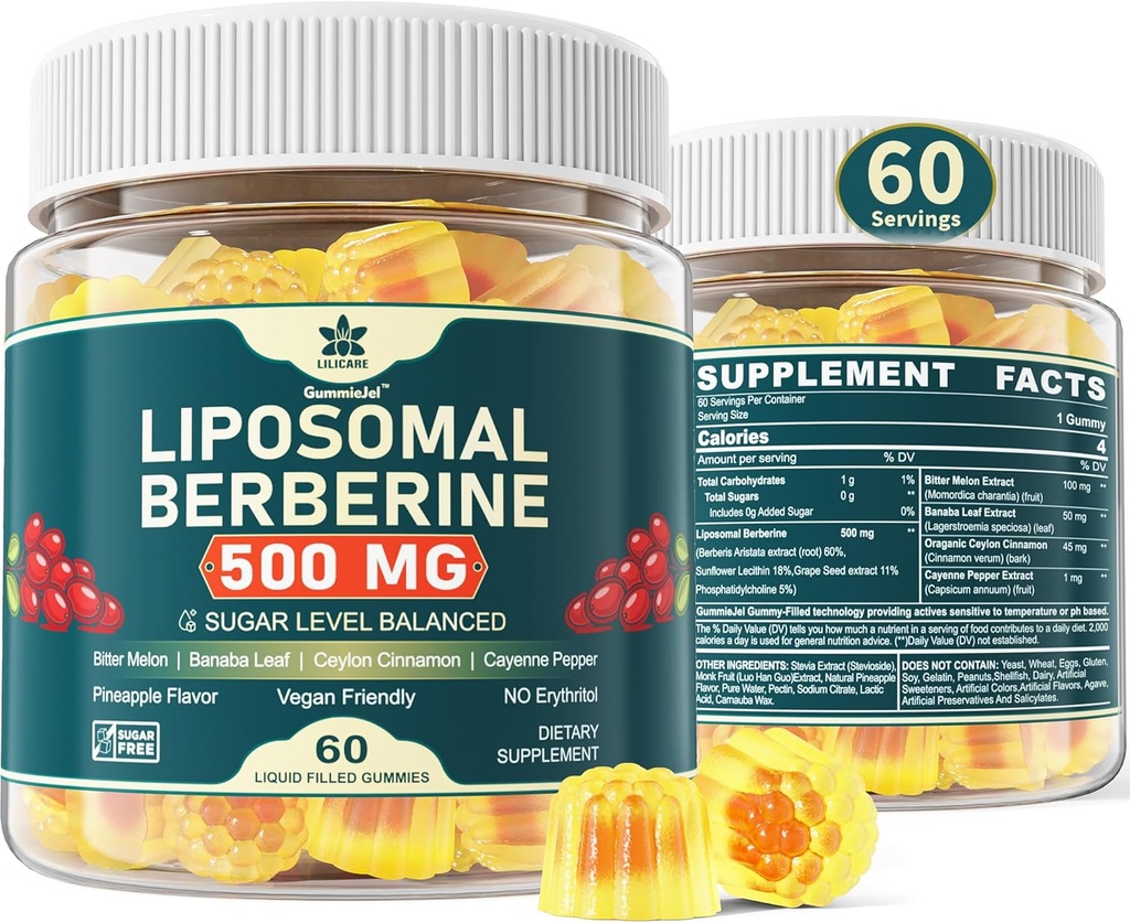 Supplément Berberine 500mg, une fois par jour, Gommies liposomiques avec cannelle Ceylan, Melon amère, Banaba Feuille pour le métabolisme équilibré, activateur AMPK, haute absorption, sans sucre, végétalien, 60 Cts