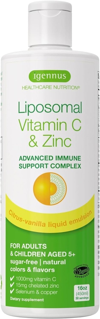 Haute absorption Vitamine liposomique C 1000mg et bisglycinate de zinc, 30-90 portions, soutien immunitaire liquide pour les adultes et les enfants 5+, non-OGM, sans sucre, agrumes et vanille, par Igennus