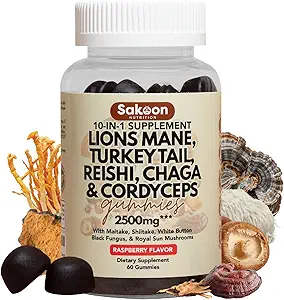 Sakoon nutrition Lions Mane Champignon Gummies avec la queue de dinde, Reishi et plus, 2500mg, 60 Comte, Aromatisés aux framboises