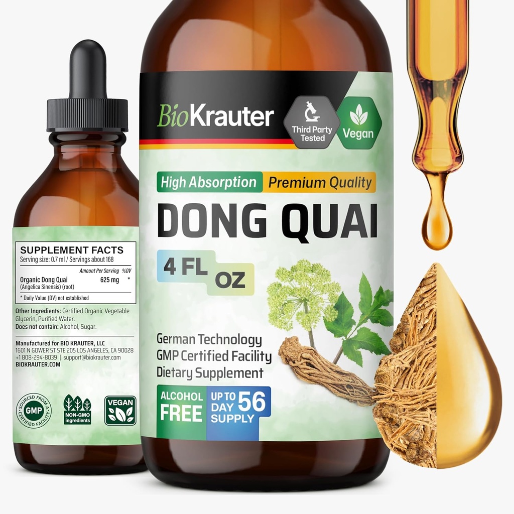 Suppléments de ménopause BIO KRAUTER® pour les femmes* - Dong Quai Drops 4 Fl.Oz 56 jours d'approvisionnement - Teinture de racine d'Angélique végétalienne pour le soutien de la ménopause - Sans alcool et sans sucre - Détente et bien-être des femmes