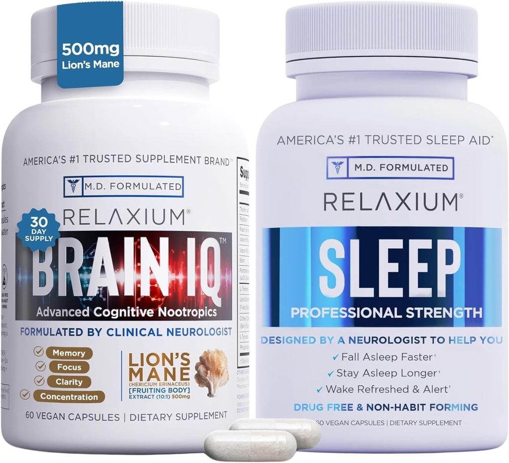 Relaxium Aide au sommeil 60 Capsule + Suppléments Cerveau Nootrope BrainIQ 60 Capsule (Paquet Famille Sommeil et Brain Bundle)