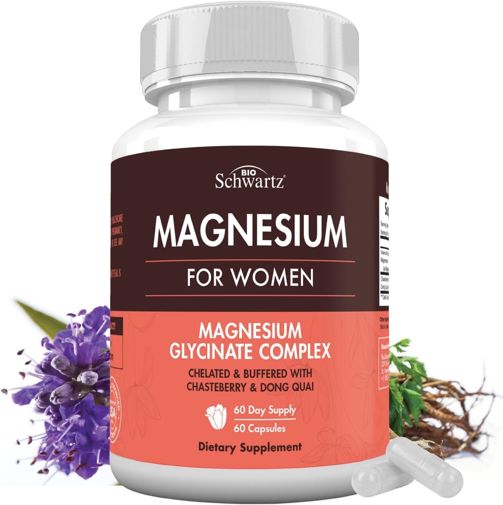 Supplément de bisglycinate de magnésium 4-en-1 pour les femmes - Complexe de magnésium avec chasteberry, dong quai et vitamine B6 pour le soulagement du stress, mieux dormir, nervosité, os et soutien musculaire - 60 capsules
