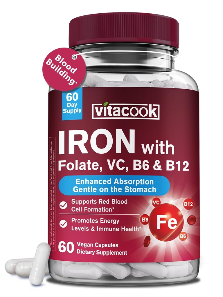 Supplément en fer pour les femmes et les hommes, Bisglycinate de fer avec vitamine C, B6, B12, Folate, Stomach Friendly, Non constipant, Santé du sang et de l'énergie Boost, 60 capsules végétaliennes
