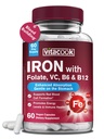 Supplément en fer pour les femmes et les hommes, Bisglycinate de fer avec vitamine C, B6, B12, Folate, Stomach Friendly, Non constipant, Santé du sang et de l'énergie Boost, 60 capsules végétaliennes