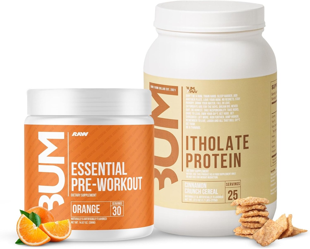 RAW Whey Isolate Protein Powder & Essential Pre-Workout Powder Bundle (Crunch de cannelle et orange) - Chris Bumstead Sports Supplément nutritionnel pour les hommes et les femmes