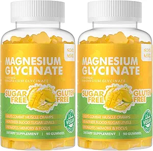 Glycinat de magnésium Gommies 1000mg - Supplément de potassium de magnésium sans sucre avec vitamine D, B6, CoQ10 pour l'humeur calme et le soutien du sommeil - 180 Ananas de mangue