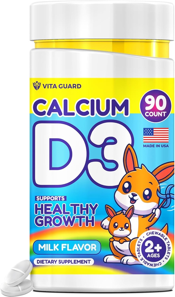 Calcium D3 Comprimés à croquer pour enfants – 640 mg Calcium et 320 UI Vitamine D3 – Non-OGM, Saveur de lait – Supplément de soutien aux os et aux dents – 90 comprimés pour les 2 ans et plus