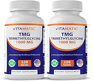 Suppléments Vitamatic TMG 1000mg - Triméthylglycine - Betaïne Anhydre - 120 comprimés - 120 portions - Sans OGM et sans gluten (2 bouteilles)