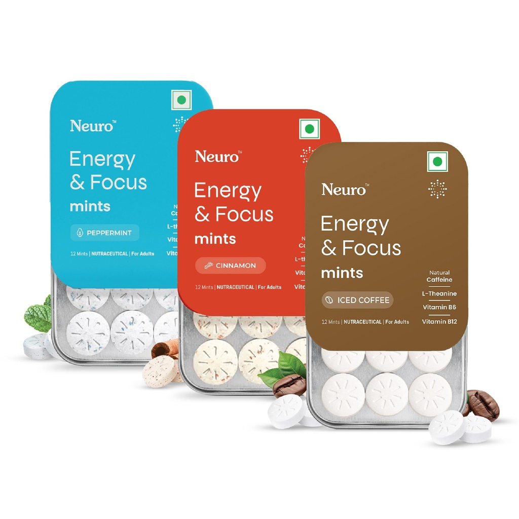 Neuro Energy & Focus Mints - Assorted Pack of 3| Quick Energy Boost & Enhanced Focus | Natural Caffeine + 60 mg L-Theanine + Vitamin B6 & B12 | No Added Sugar | Aspartame Free | 36 Mints