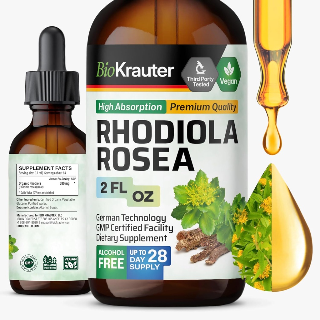 BIO KRAUTER Rhodiola Rosea Supplément liquide - Teinture de rose de Rhodiola pure - Vegan Calmness Support - Extrait sans alcool et sans sucre 2 Fl.Oz.