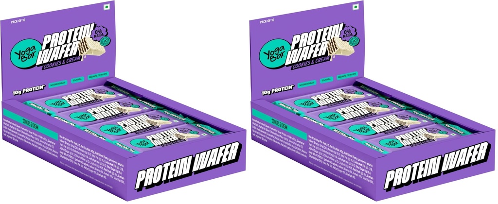 Yogabar 10g Protein Wafer Bars | Cookies & Cream Flavor | 0% Maida | Made with Millets | Crunchy High Protein Bars | 40g Each | Pack of 20