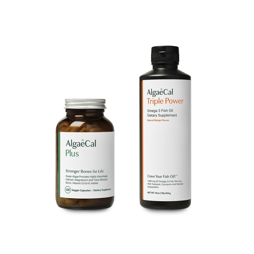 AlgaeCal Bundle - All Natural Calcium Supplement VIT D3 & K2, Magnésium, Boron et Trace Minerals & Triple Power Omega-3 Huile de poisson Emulsion liquide naturelle avec EPA DHA Curcumin, Astaxanthin