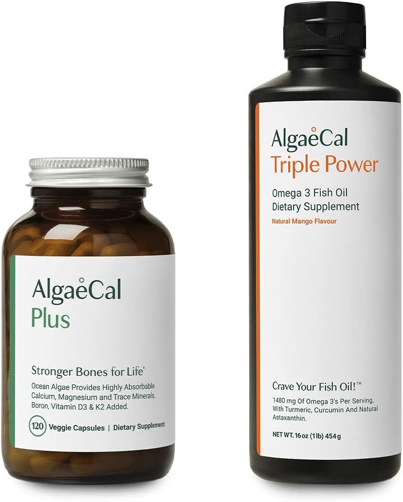 AlgaeCal Bundle - All Natural Calcium Supplement VIT D3 & K2, Magnésium, Boron et Trace Minerals & Triple Power Omega-3 Huile de poisson Emulsion liquide naturelle avec EPA DHA Curcumin, Astaxanthin