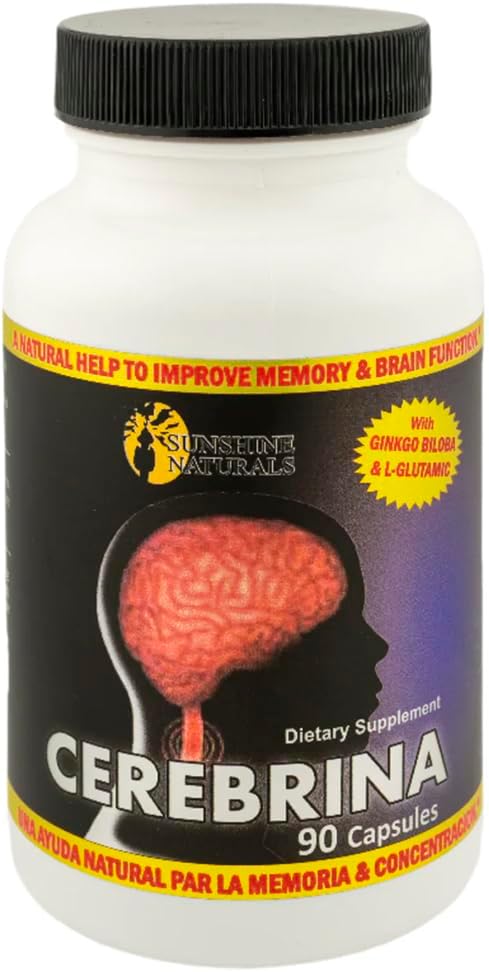 Sunshine Naturals Cerebrina avec Ginkgo Biloba & L-Glutamic Memory & Focus Support Supplement – 90 Capsules – Formule santé cérébrale pour les adultes