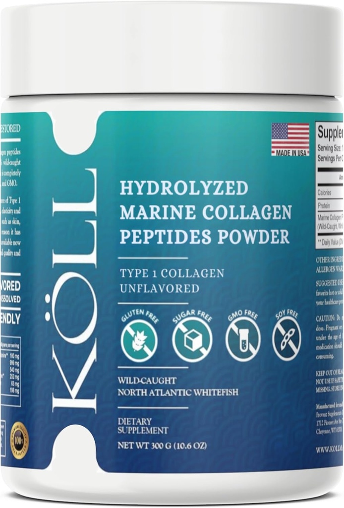 KÖLL Marine Collagen Peptides Poudre (300g) Collagène sans sucre non aromatisé pour les femmes et les hommes, 10 000mg Supplément hydrolysé, source sauvage, non-OGM, 0% Préservatifs de type 1 pour la santé des os et de la peau