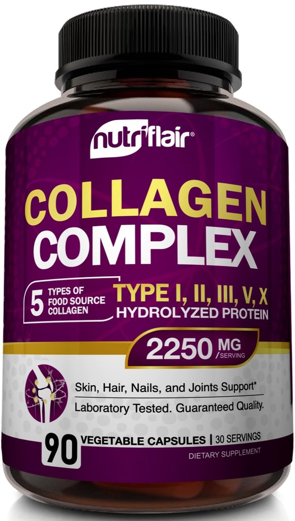 NutriFlair Multi Collagen Peptides 2250mg, 90 Capsules - Type I, II, III, V, X - Suppléments de collagène pilules en poudre complexes pour les femmes et les hommes - Protéines hydrolysées, Cheveux sains, peau, ongles - Non-OGM