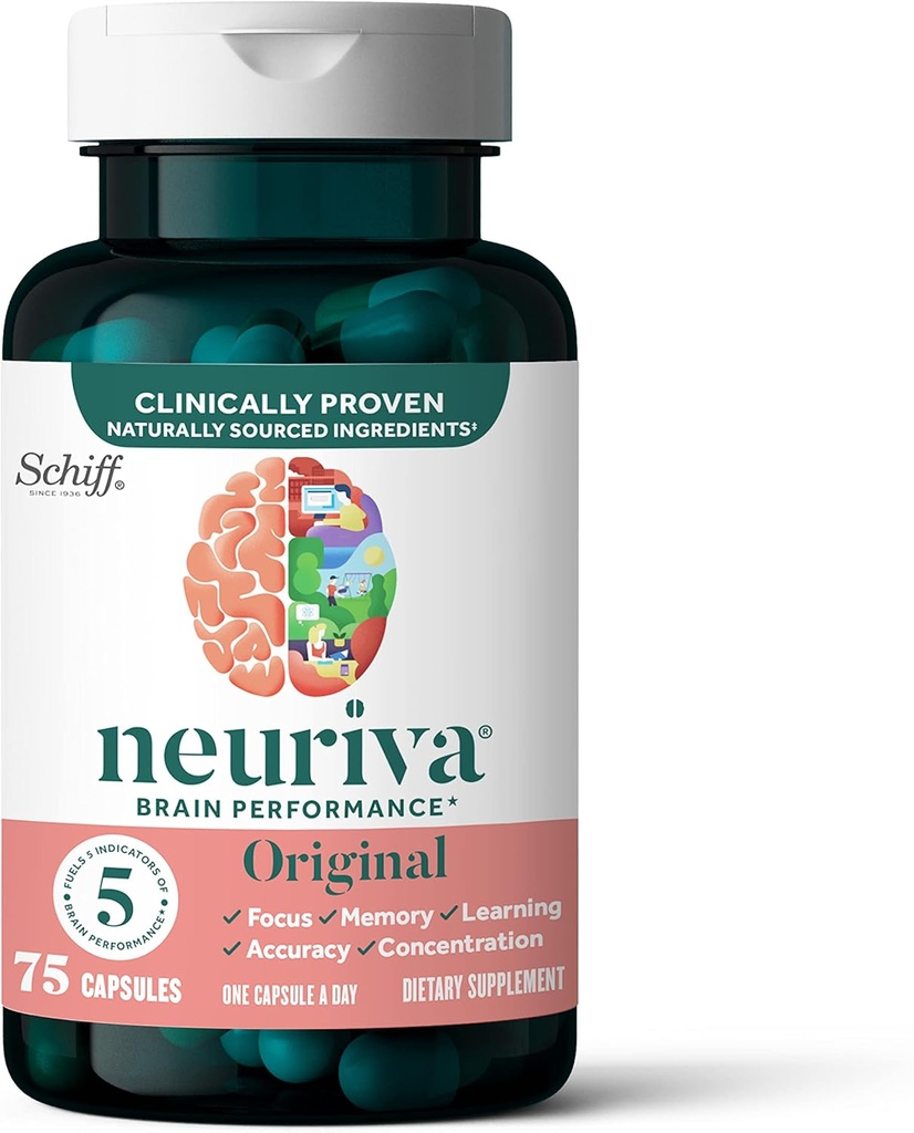NEURIVA Supplément Cerveau original pour la mémoire, la concentration et la concentration + Apprentissage et exactitude avec Nootropics Phosphatidylsérine et neurofactor, sans caféine, 75ct Capsules