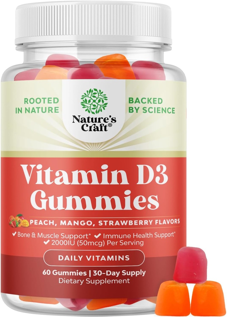 Natures Craft Vitamine D3 Gummies for Daily Wellness - Delicious D Adultes avec 2000UI par portion Muscle osseux et immunitaire Soutien sans gluten gélatine 30 jours sans OGM