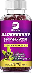 Gommies de baies aînées et mousse de mer d'Irlande, Gommy de baies aînées de Sambucus biologique avec de la fumée de mer, du zinc, de la vitamine C, de la vitamine D3, des suppléments de vitamines et de soutien énergétique multivitamines - sans sucre