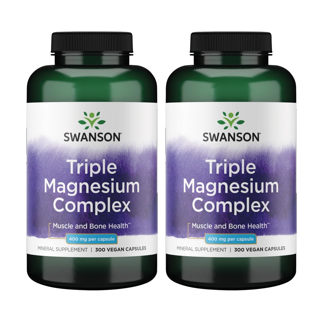 Complexe Swanson Triple Magnésium - Supplément Minéral - Support Naturel - Avec Citrate, Oxyde et Aspartate - (300 Capsules, 400mg chacune, 2 Pack)