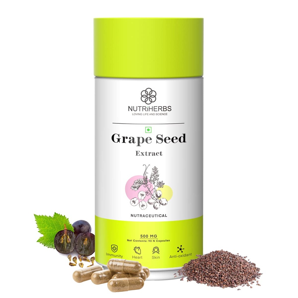 NUTRIHERBS Grape Seed Extract Capsules 500mg - Potent Antioxidant Supplement for Skin & Hair Health, Anti-Aging Support, and Immune Boost - 90 Vegan Capsules