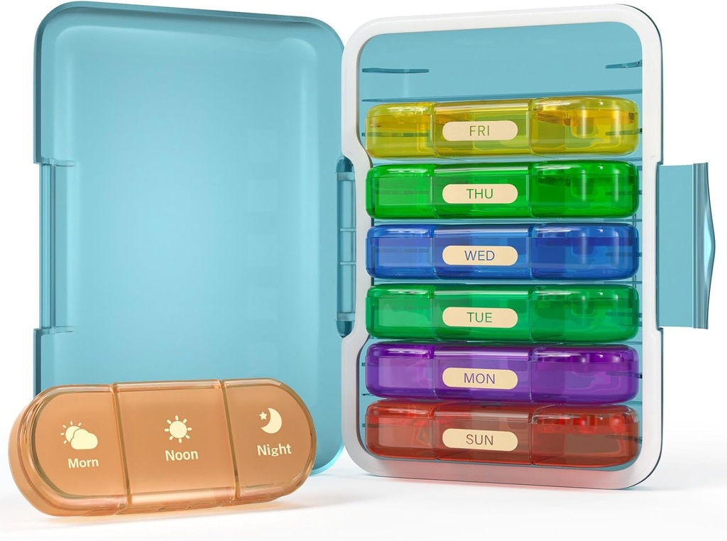 Organisateur hebdomadaire de pilules 3X par jour, boîte à pilules de 7 jours 3 fois, portable pour le cas de pilules de voyage pour les pilules/vitamine/huile de poisson/médication/Suppléments (3x7 Bleu+Rainbow)