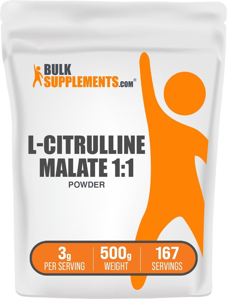 BulkSupplements.com Malate de L-Citrulline 1:1 Poudre - Poudre de Citrulline, supplément acide amino - Sans aromatisants et sans gluten - 3g par portion, 500g (1,1 lb) (paquet de 1)