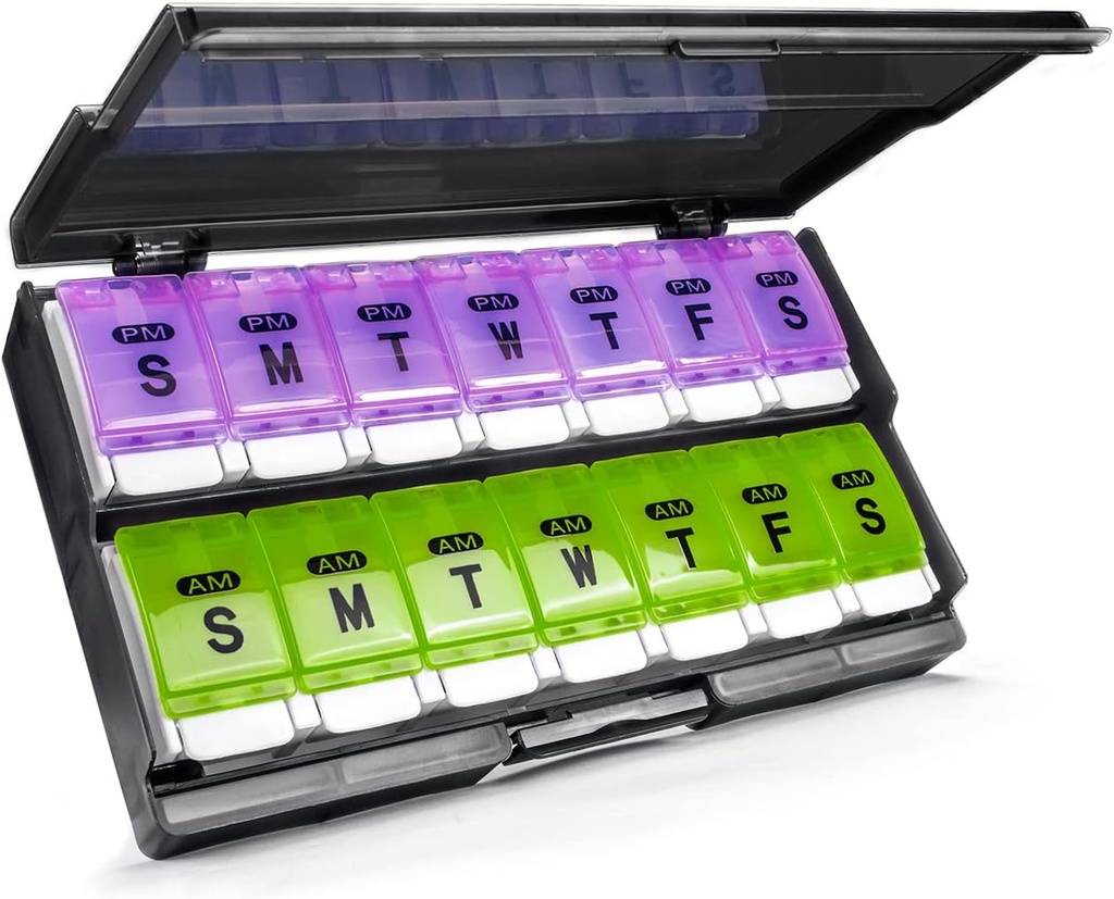 Super grand organisateur hebdomadaire de pilules 2 fois par jour - Rémunérer Am/Pm Daily Pill Case Medicine Organizer, Push Button Boîte à pilules de 7 jours pour les pilules/vitamine/Vitamine/Vitamine foie/Supplements (Purple & Vert)