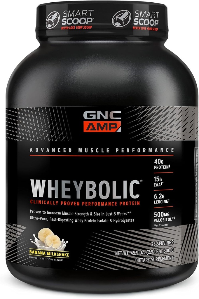 GNC AMP Poudre de protéines éprouvées cliniquement, 40g de protéines de lactosérum, BCAA, Leucine, Augmente la force musculaire, Bâtiment musculaire, 3ème partie testée, Sans gluten, Banana Milkshake, 25 portions