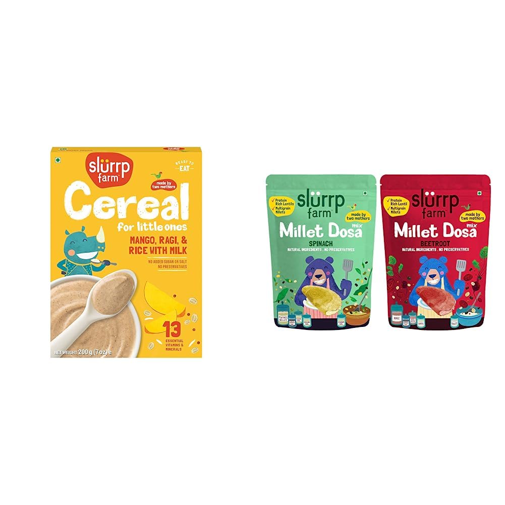 Slurrp Farm Organic Baby Cereal, Ragi, Rice and Mango with Milk, Instant Healthy Wholesome Food for & Millet Dosa Instant Mix, Supergrains Spinach and Beetroot, Natural and Healthy Food, 150