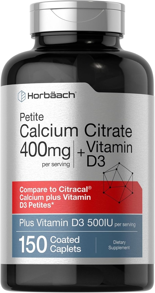 Horbäach Calcium Citrate with Vitamin D3 | 150 Petite Coated Caplets | Supplement for Men and Women | Vegetarian, Non-GMO & Gluten Free