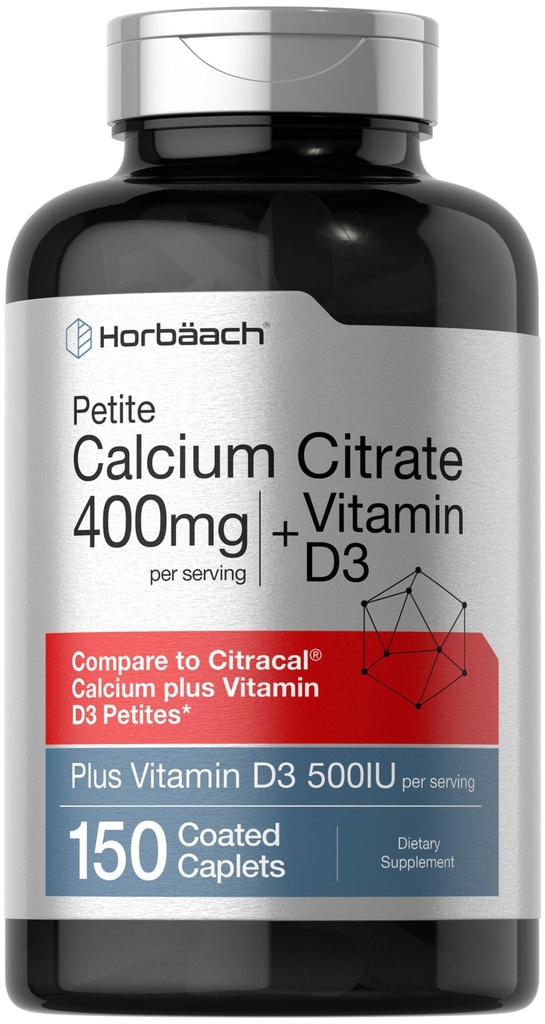 Horbäach Citrate de calcium avec vitamine D3-150 Caplets enduits de petite taille Supplément pour les hommes et les femmes-- Végétariens, non OGM et sans gluten