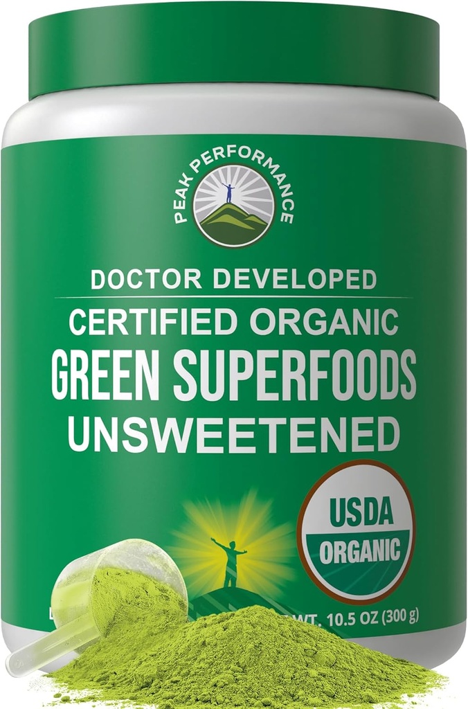 Peak Performance Unsweetened Bio Greens Poudre Superfood. Super Greens Poudre avec 25+ ingrédients organiques pour Max Energy et performance athlétique. Jus vert de kéto végétalien boisson quotidienne