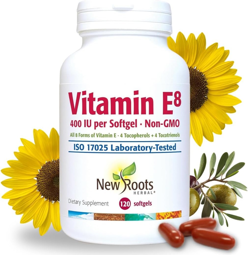 NEW ROOTS HERBAL Vitamine E 400 UI Capsules de tous les 8 types de vitamine E pour le cerveau et le soutien de la vision.