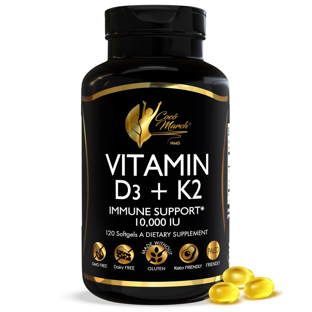 Cocó Mars N.M.D Vitamine D3+K2 10 000 UI - Supplément de puissance élevée pour les femmes et les hommes, soutien immunitaire, os et santé conjointe - sans gluten, sans OGM, approvisionnement de 4 mois, 250 mcg D3, 180 mcg de vitamine K2