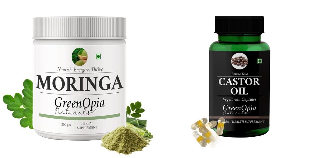 Moringa-oleifera-powder, Castor-oil-vegetarian-capsules Combo | Convenient Nutrition & Wellness Routine | Multi-Product Pack