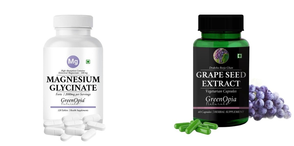 Magnesium-glycinate-forte-tablets, Grape-seed-extract-60-vegetarian-capsules Combo | Convenient Nutrition & Wellness Routine | Multi-Product Pack