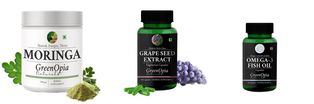 Moringa-oleifera-powder, Grape-seed-extract-60-vegetarian-capsules, Fish-oil-capsules Combo | Convenient Nutrition & Wellness Routine | Multi-Product Pack