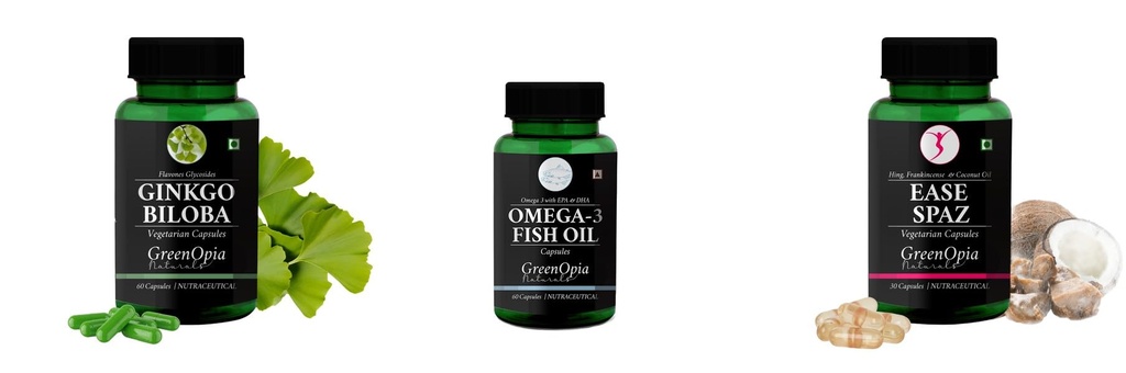 Ginkgo-biloba-vegetarian-capsules, Fish-oil, Ease-spaz-vegetarian-capsules Combo | Convenient Nutrition & Wellness Routine | Multi-Product Pack