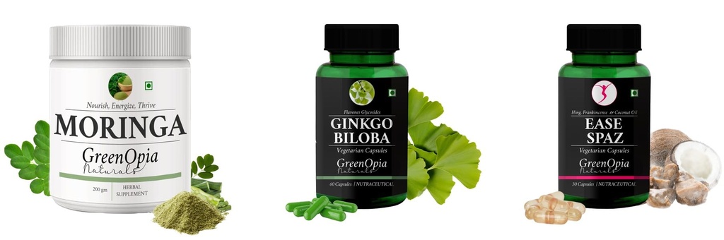 Moringa-oleifera-powder, Ginkgo-biloba-vegetarian-capsules, Ease-spaz-vegetarian-capsules Combo | Convenient Nutrition & Wellness Routine | Multi-Product Pack