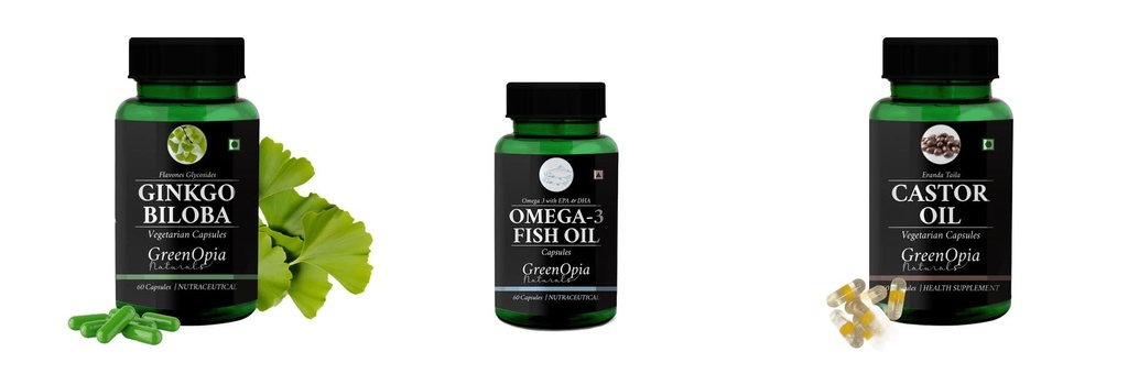 Ginkgo-biloba-vegetarian, Fish-oil, Castor-oil-vegetarian Combo | Convenient Nutrition & Wellness Routine | Multi-Product Pack