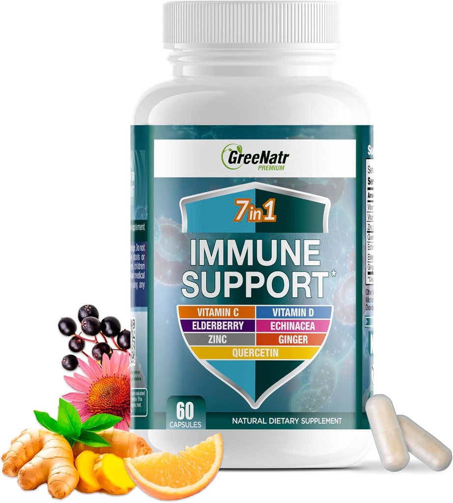 GreeNatr Supplément de soutien immunitaire avec vitamine C, D3, Zinc 50mg, Quercetin, Echinacea Purpurea, Sambucus Elderberry et Ginger pour la défense immunitaire complète - 60 capsules (1 bouteille)